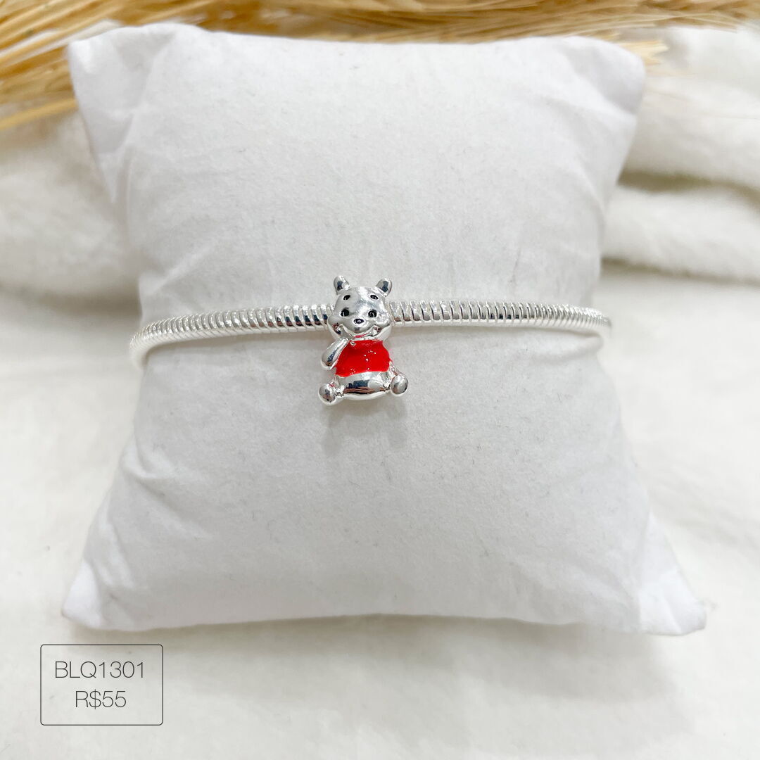 Berloque Ursinho Pooh Passador Esmaltado Prateado